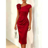 Women Solid Floral Ruched Short Sleeve Dress