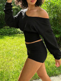 Women Long Sleeve Slash Shoulder Top and Shorts Two Piece Set