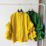 Women Multi-Layer Ruffle Bell Sleeve Shirt Stand Collar Top
