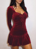Women Velvet Long Sleeve Square Neck Tie Ruffle Hem Dress