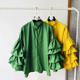 Women Multi-Layer Ruffle Bell Sleeve Shirt Stand Collar Top