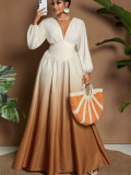 Women V Neck Corset Print Long Sleeve Maxi Dress