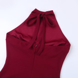 Women Solid Halter Neck Minimalist Slit Maxi Dress