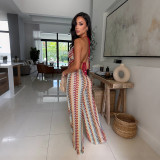 Women Color Block Striped Sexy Backless Tie Halter Neck Strap Jumpsuit