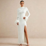 Women Fall Solid Shawl Feather Sleeve Slit Dress