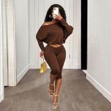 Women Ruched Solid Casual One Shoulder Slash Shoulder Long Sleeve Top and Pant Two Piece Set