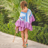 Women V Neck Pleated Ruffle Bell Sleeve Dress