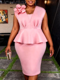 Plus Size Women Pink Floral V Neck Sleeveless Ruffle Waist Formal Party Elegant Bodycon Dress