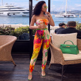 Women Fall Backless Multi-Color Halter Neck Hollow Casual Jumpsuit