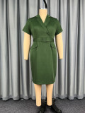 Plus Size Women Short Sleeve Blazer Turndown Collar Belt Formal Party Elegant Bodycon Dress