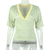 Women V Neck Short Sleeve Casual Top Striped T-shirt