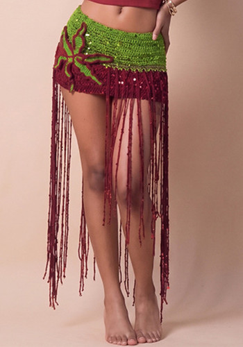 Women Summer Knit Color Block Tassel Bodycon Midi Skirt