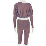 Women Ruched Solid Casual One Shoulder Slash Shoulder Long Sleeve Top and Pant Two Piece Set