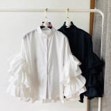 Women Multi-Layer Ruffle Bell Sleeve Shirt Stand Collar Top