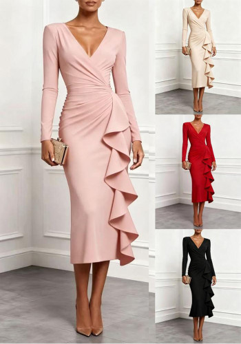 Women Solid V Neck Long Sleeve Ruffle Dress
