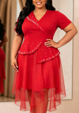 Plus Size Women Beaded Short Sleeve Elegant V Neck Ruffle Mesh Dress