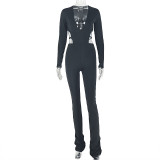 Women Solid V Neck Long Sleeve Jumpsuit