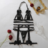 Women Bow Beaded Patchwork PU Leather Lingerie Two Piece Set