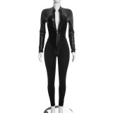 Women Fall Winter Sexy PU Leather Long Sleeve Zip Jumpsuit