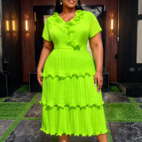 Plus Size Women V Neck Ruffle Short Sleeve Pleated Cascading Ruffles Dress