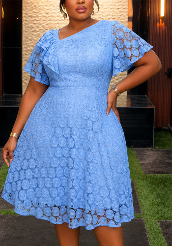 Plus Size Women African Lace V Neck Flutter Ruffle Sleeve Dress