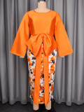 Women’s Plus Size African Orange Satin Bow Printed Formal Party Long Dress