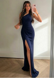 Women Summer Holidays Sexy Slash Shoulder Ruffle Slit Dress