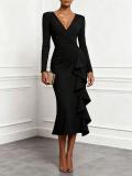 Women Solid V Neck Long Sleeve Ruffle Dress