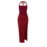 Women Patchwork Slit Halter Neck Tie Maxi Dress