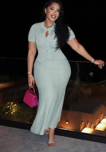 Women French Beaded Round Neck Knit Maxi Dress