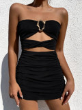 Women Metal Ring Strapless Hollow Bodycon Ruched Sexy Mini Dress