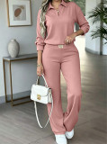 Women Spring Autumn Solid Top + Pant Casual Two Piece Set