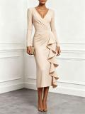 Women Solid V Neck Long Sleeve Ruffle Dress