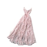 Women French Slip Summer Ruffle Cross Backless Holidays Maxi Dress