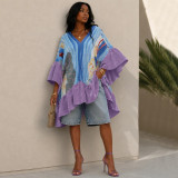 Women V Neck Pleated Ruffle Bell Sleeve Dress