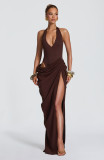 Women Formal Party Sexy V Neck Halter Neck Slit Ruched Bodycon Dress