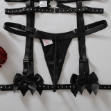 Women Bow Beaded Patchwork PU Leather Lingerie Two Piece Set