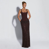 Women Square Neck Boned Corset Lace-Up Sequin Bodycon Dress