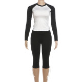 Women Fall Casual Color Block Top and Pant Two Piece Set