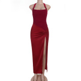 Women Patchwork Slit Halter Neck Tie Maxi Dress