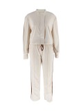 Women Fall Winter Button Jacket Top and Patchwork Wide Leg Pant Two Piece Set