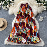 Women Print Summer Pleated Midi Skirt