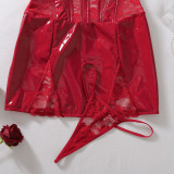 Women’s Sexy Rose Floral Lace Patchwork Leather Slim Waist Bodycon Dress with Thong