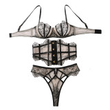 Women Floral Embroidery Hollow Waist Cincher Lingerie Two Piece Set