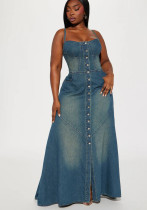 Women French Square Neck Halter Neck Slip Denim Backless Maxi Dress Women French Square Neck Halter Neck Slip Denim Backless Maxi Dress