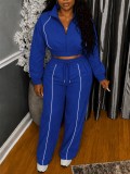 Women Fall Winter Patchwork Stripe Stand Collar Zip Jacket + Patchwork Pant Two Piece Set