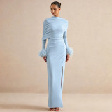 Women Fall Solid Shawl Feather Sleeve Slit Dress