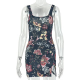 Women Print Summer Bodycon Off Shoulder Sleeveless Strap Dress
