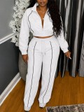Women Fall Winter Patchwork Stripe Stand Collar Zip Jacket + Patchwork Pant Two Piece Set