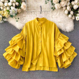 Women Multi-Layer Ruffle Bell Sleeve Shirt Stand Collar Top